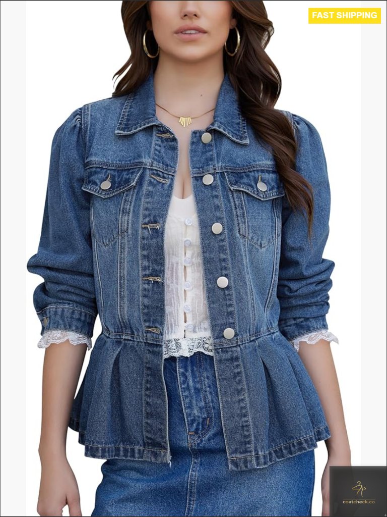 Denim Jacket Puff Sleeve Button Down Ruffle Hem Jean Jacket Coat Classic